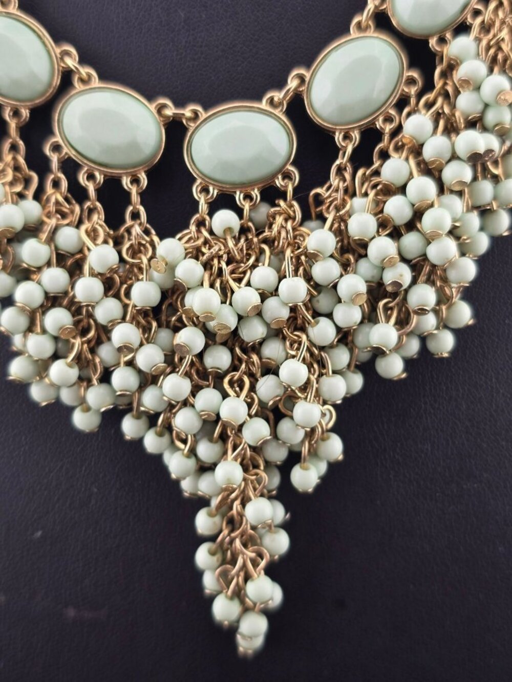 Mint Green Statement Necklace Gold Tone Chain Beaded Fringe Adjustable 21" - Picture 3 of 9